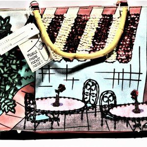 Cafe Print Multi Color Tote Sequence/Wood Handles